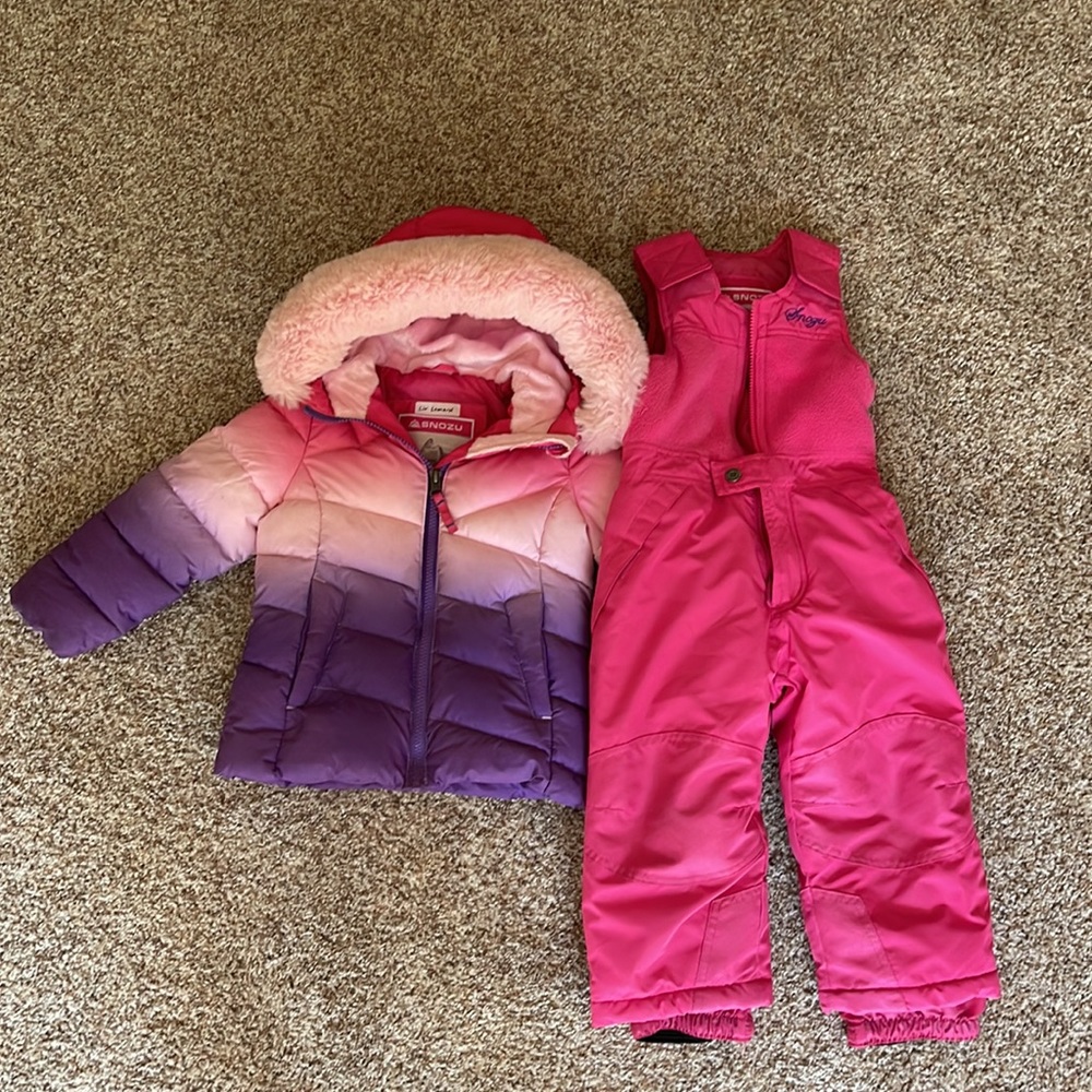 Snozu snow suit with bib and puffer pink purple sz 3t